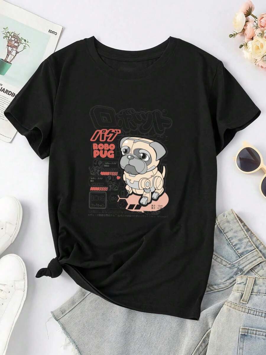Robo Pug Women's Women T-Women's Shirt Stylish Comfortable Unique - Black - View 1