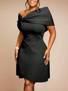 Elegant Solid Color Bow Wrap Dress, Party Dress, Wedding Guest Dress - Black - View 3