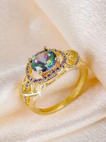 1pc Luxury Sparkly Floral Pattern Classic 6-Prong 7-Color Zirconia Round Ring, For Women, Suitable For Valentine's Day, Dating, Engagement, Wedding, Daily Wear, Party,Mom,Mother,Mother's Day,Gift