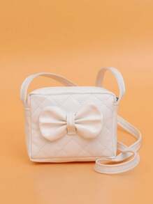 1pc Girls' PU Mini Square Bag, Fashion Bow Coin Purse, Zipper Closure, Embroidered Quilted Pattern, Great Gift For Party, Going Out
