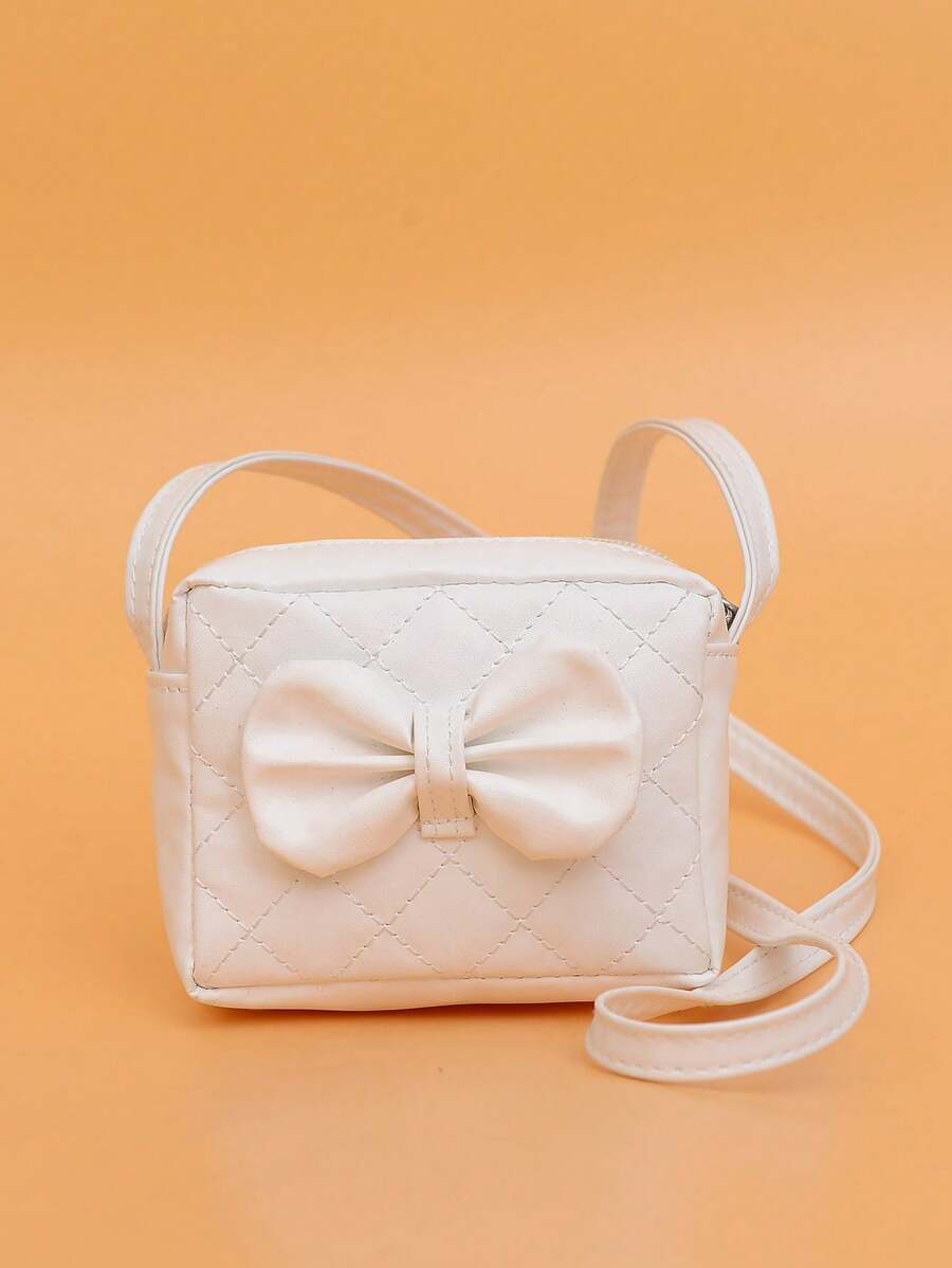 1pc Girls' PU Mini Square Bag, Fashion Bow Coin Purse, Zipper Closure, Embroidered Quilted Pattern, Great Gift For Party, Going Out
