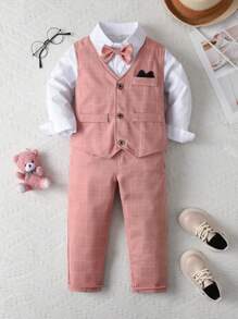 Bộ 3 trang phục trang trọng cho bé trai: Áo sơ mi dài tay + Áo vest + Quần dài + Nơ, Bộ vest quý ông cho tiệc, tiệc sinh nhật, đám cưới, người dẫn chương trình - Bụi hồng - Xem 1