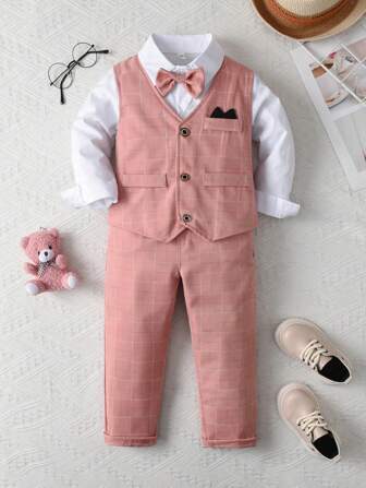 3pcs Set Young Boy Formal Attire: Long Sleeve Shirt + Vest + Long Pants + Bowtie, Gentleman Suits For Banquet, Birthday Party, Wedding, Master Of Ceremony