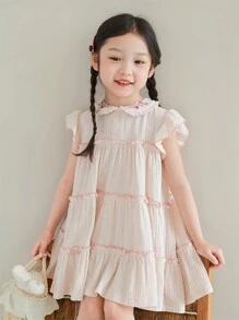 Girls' Summer New Frill Collar Embroidered Loose Dress, Fashion Children Dress - Baby Pink - View 6