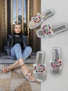 1 双夏季促销银色女童防滑拖鞋时尚动感公主风平底16-25岁女孩凉鞋适合室内外休闲多色钩环人字拖