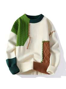 Men's Spring And Autumn New Color Contrasting Casual Round Neck Sweater Men's Fashion Versatile Base Knitted Sweater Loose Sweater