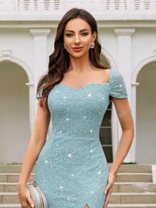MIUSOL Sequin Lace Sweetheart Neck Cap Sleeve Mesh Layered Cake Hem Evening Party Maxi Dress, Elegant Party Dress For Women, Formal Evening Gown, Prom Dress, For Wedding Guest, Graduation, Dinner
