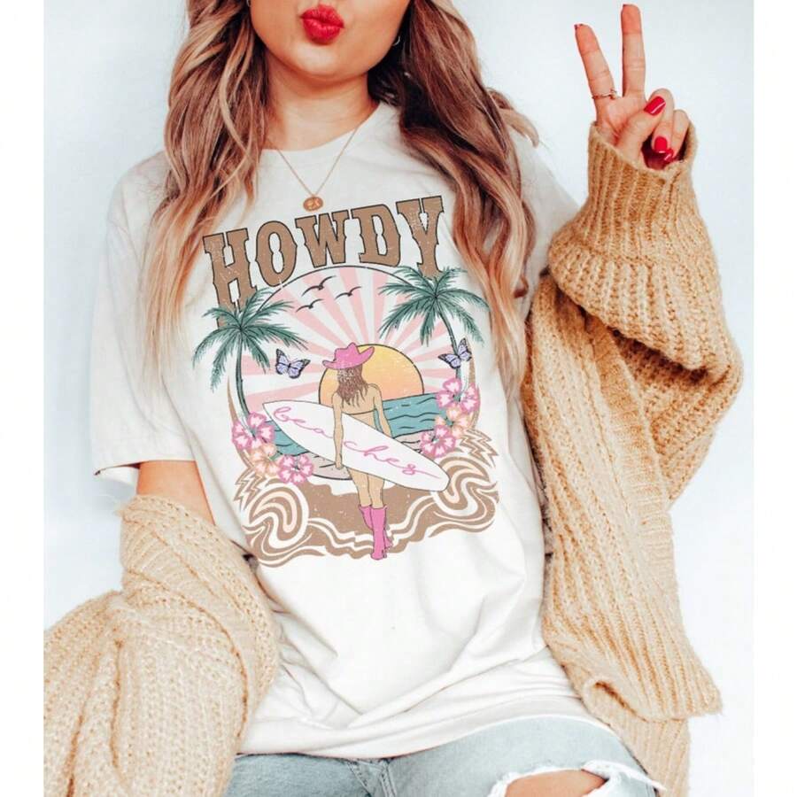Howdy Shirt, Cowgirl Shirt, Coastal Cowgirl Tee, Western Vibe Beach Tee, Womens Beach Shirt, Surf Shirts, Girls Trip Beach Vacation Tee - White - View 1