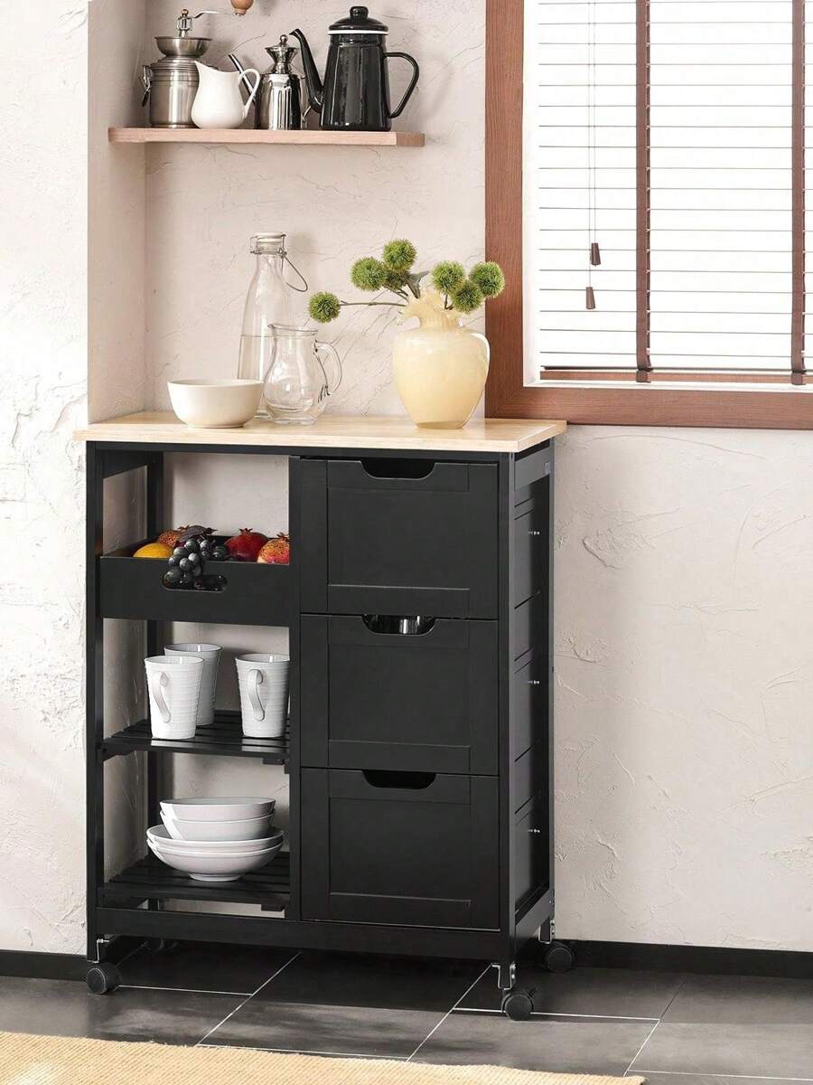 SoBuy FKW79-SCH, Xe đẩy nhà bếp Xe đẩy lưu trữ nhà bếp Xe đẩy phục vụ có 3 ngăn kéo và khay có thể tháo rời, Màu đen - màu đen - Xem 1