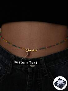 1pc Customized Stainless Steel Name Waist Chain, Sexy Belly Chain Necklace Jewelry, Colorful Beaded Personalized Nameplate Bikini Beach Body Chain Accessory, Great Gift For Girlfriend, Classmates, Friends - Gold - View 1
