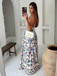 Árbora Elegance - Long Dress With Tropical Print In Crepe Fabric With Pocket And Elastex On The Back.