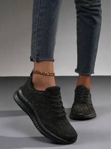 Women's Metallic Decor Fashion Sneakers, Multifunctional High-Arch Design, Lace-Up Fabric Running Shoes, High-End Women's Fitness Shoes, Casual Shoes