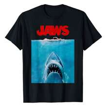 Jaws Oversize Poster T-Shirt,220g Pure Cotton Single-Sided Printed Round Neck Short Sleeved Shirt. - 黑色 - 查看 1