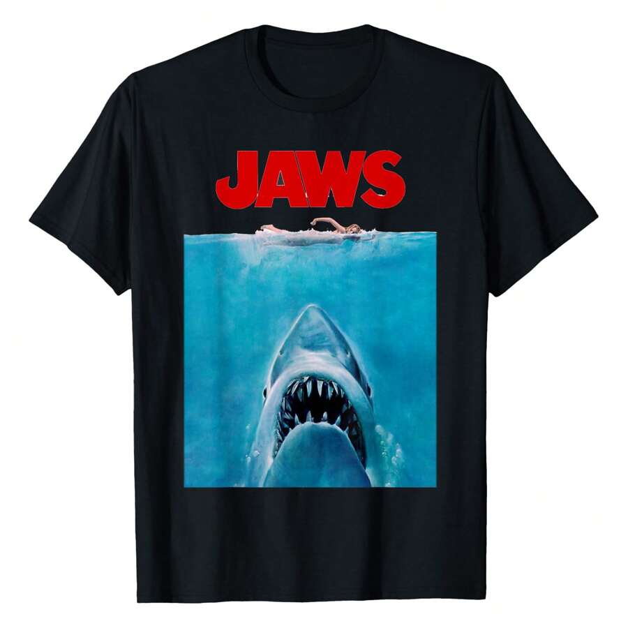 Jaws Oversize Poster T-Shirt,220g Pure Cotton Single-Sided Printed Round Neck Short Sleeved Shirt. - 黑色 - 查看 1