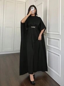 Women's Black Waist Pleated Cape Sleeve Arabic Abaya Dress - Black - View 1