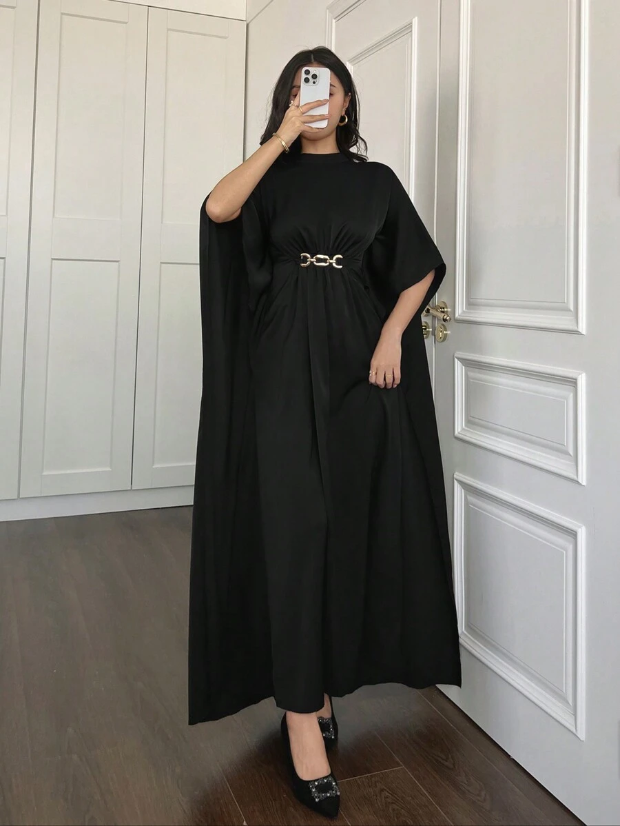 Women's Black Waist Pleated Cape Sleeve Arabic Abaya Dress - Black - View 1