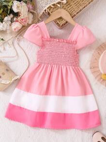 Girls' Fashionable Sweet Color Block Dress With Bow Collar, Suitable For Holiday Outing And Home Wear, Summer - Pink - View 2