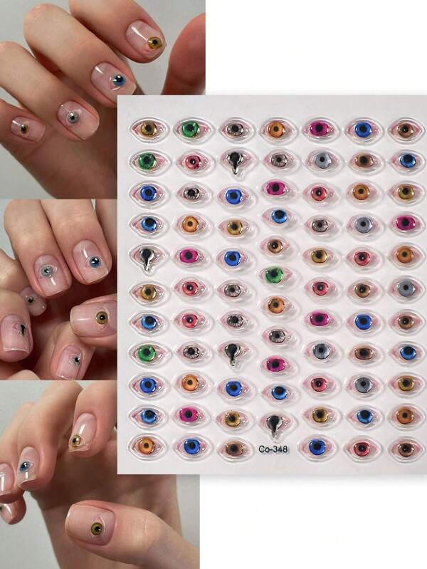 CoCo Notes 1 طقم (2 قطعة) ملصقات فنية للأظافر مطرزة ثلاثية الأبعاد بنقوش عيون لامعة مصنوعة من الفويل الفضي، جواهر عيون لاصقة مقاومة للماء لديكور الأظافر