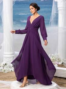 Faeriesty Mosy Elegant Plunging Neck Bishop Sleeves Chiffon Formal Dress Mother Of The Bride Dress - Purple - View 8