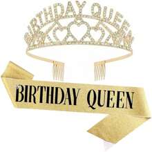 2pcs/Set Birthday Crown, Birthday Queen Belt And Rhinestone Headgear Set, Women's Headgear And Crown, Golden Queen Crown, Elegant Princess Crown With Comb, Sweet Birthday Party Decoration