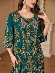 Women's Elegant 3/4 Sleeve Solid Color Sequin & Beaded Embroidery Arabic Style Dress,Modest - Dark Green - View 7