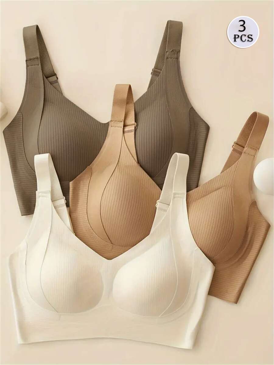 3 件装女士无缝透气无钢圈运动胸罩 - 全面覆盖、防滑、提升和支撑、舒适贴合、罗纹细节、尼龙和弹性纤维混纺、手洗 - 优雅纯色 - 彩色 - 查看 1