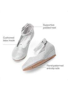 Girls Wedding Shoes | Dress Flats With Low Wedge Heel & Flower Ankle Strap For Toddler To Big Kid - Silver - View 6