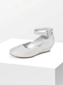 Girls Wedding Shoes | Dress Flats With Low Wedge Heel & Flower Ankle Strap For Toddler To Big Kid - Silver - View 4