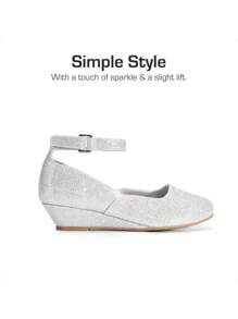Girls Wedding Shoes | Dress Flats With Low Wedge Heel & Flower Ankle Strap For Toddler To Big Kid - Silver - View 8