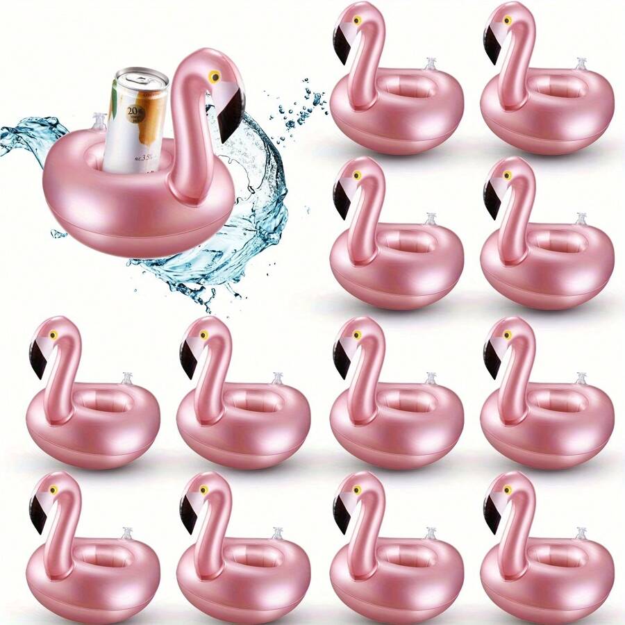 12 Pieces Inflatable Drink Holder Flamingo Drink Floats Reusable Inflatable Cute Animal Cup Coasters Pool Cup Holders For Summer Swimming Party, Beach Essentials, Beach Accessories - Rose Gold - View 1