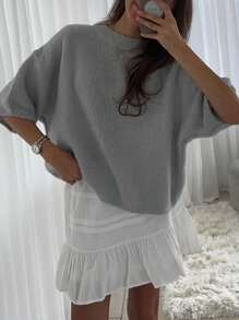 Women's Spring Autumn Knit Sweaters Half Sleeve O Neck Solid Color Casual Knitwear - Dark Grey - View 3