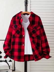 Teen Boys' Red & Black Plaid Turndown Collar Long Sleeve Casual Shirt - Black - View 1