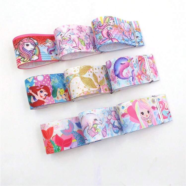 5 yardas de cinta de saten poliester de 1,5 pulgadas de ancho con estampado de delfin marino de la serie oceano de sirena, material decorativo para hacer moños de regalo - Multicolor - Añade 1