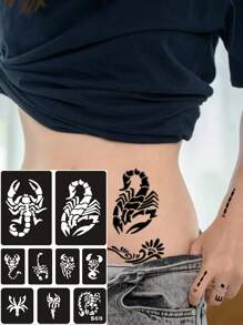 6 Stück große Cut Out Tattoo Schablonen, 131 kleine Vorlagen mit Blumen-, Tier-, Skorpion-, Buchstaben-, Schmetterlings-Mustern, personalisierte temporäre wasserfeste Fake Tattoo Aufkleber für Finger, Ohr, Schulter, Nacken, Schlüsselbein, unisex - Schwarz - Übersicht 3