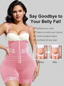 1pc Women Solid Color High Cinched Waist Pants With 3 Rows Of Buttons, Strong Waist Shaping, Chest Support, Body Shaping Underwear For Everyday Wear - Pink - View 5