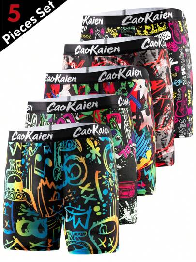 5pcs Fashionable Mythology Goku Print Men's Long Boxer Briefs, Lightweight Underwear