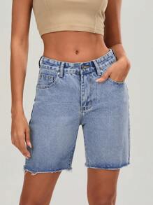 Women Denim Shorts Hight Waist Solid Summer Casual Shorts Streetwear For Daily Party - Baby Blue - View 2