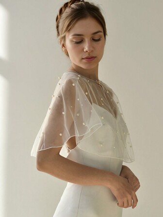 1 件短款串珠新娘披肩、水钻装饰婚礼斗篷、新娘礼服薄网眼披肩、女士婚礼派对秋装