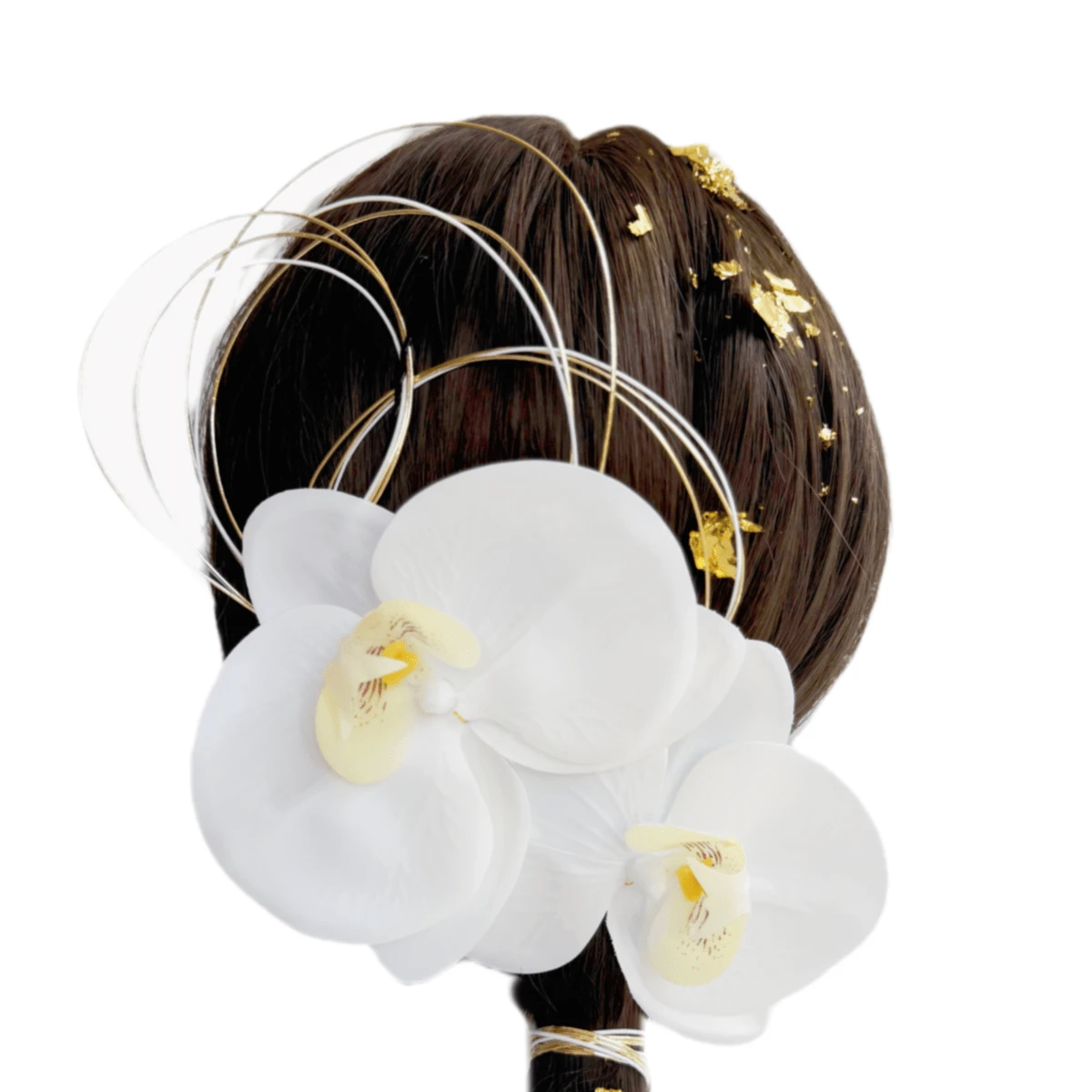 4 件套蝴蝶兰发夹套装，传统日式发型配饰，适合正式场合，金色和白色，带金箔