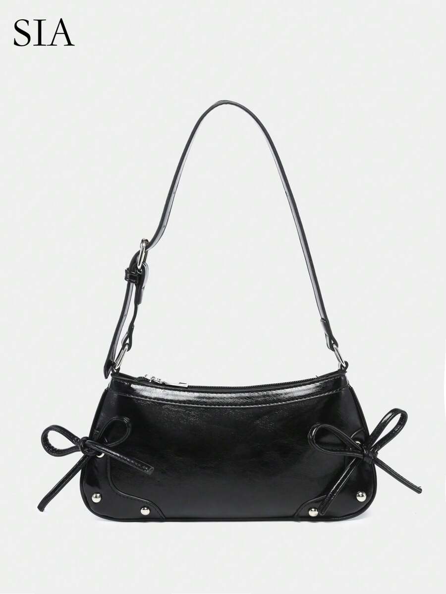 1 件复古肩带蝴蝶结装饰外露翻盖黄色豹纹单肩腋下法棍包，适合约会、郊游、派对