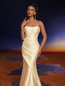 Anymoon 3D Hand Floral Ruffle Trim Mermaid Bridesmaid Dress - Yellow - View 6