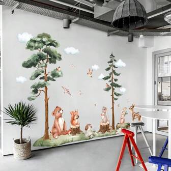 1 套大型林地树木森林墙贴，水彩野生动物鹿熊松鼠墙贴，适用于客厅、卧室、装饰