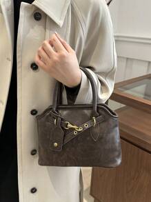 复古深咖啡色油皮女士手提包，贝壳形单肩斜挎包 - 咖啡棕 - 查看 4