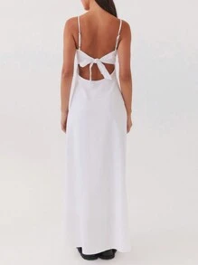 Womens Summer Long Dress Sleeveless Spaghetti Strap Tie-Up Front Loose Dress Back Cutout Dress - 白色 - 查看 6