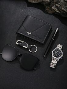 5 件豪华礼品套装：PU 皮革钱包、时尚笔、石英表、太阳镜、钥匙链 - 情人节或父亲节送给他的完美礼物，大容量多卡槽，商务休闲风格，生日礼物，毕业礼物，父亲节礼物
