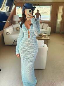 V-Neck Hollow Out Solid Color Long Sleeve Maxi Knit Dress - Blue - View 1