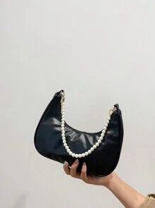 时尚仿珍珠链条新月单肩包，时尚单肩法棍包，手提小包，户外休闲包，百搭通勤包，优雅仿珍珠包 - 黑色 - 查看 5