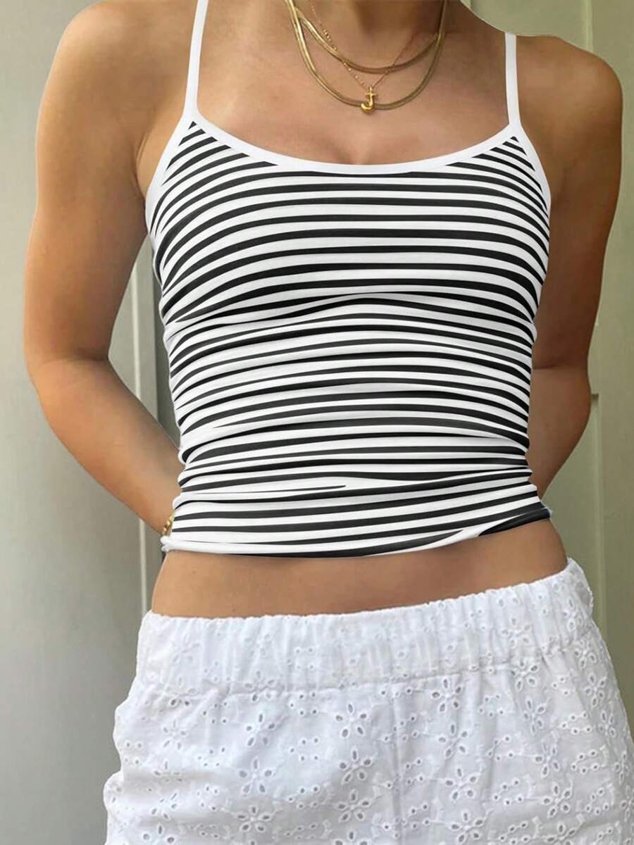 Women's Cropped Cami Tops Sleeveless Open Back Slim Fit Solid Color/Stripe Print Tank Tops - 黑色 - 查看 1