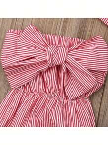 Vintaside Kids 2 piezas/set Enterizo rayado elegante y adorable con moño y diadema para fiesta de verano de niñas bebés - Rosa - Ver 6