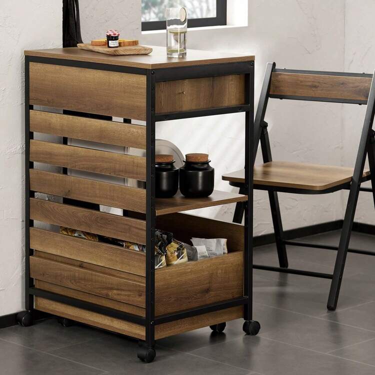 SoBuy FKW118-PF, Industrial Vintage Style Kitchen Trolley Cart Kitchen Storage Trolley Serving Trolley With Mobile Storage Chest - Brown - View 4